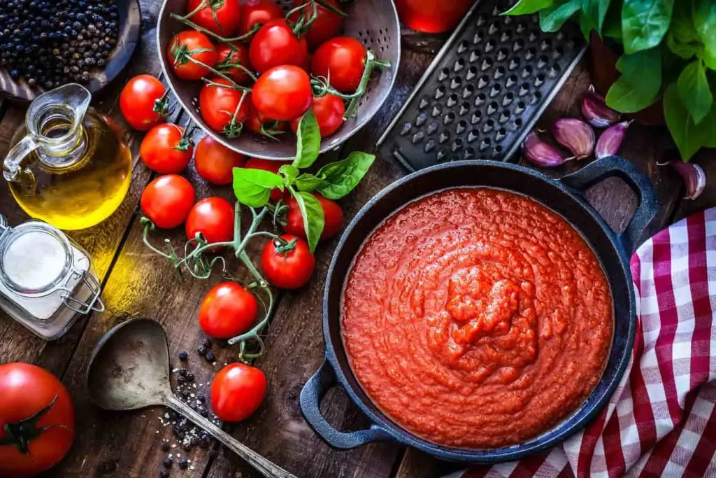 Sauce tomate maison, tomates fraîches, basilic et ail : une combinaison riche en antioxydants, vitamines et saveurs bénéfiques pour la santé.