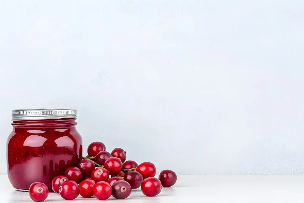 Pot de confiture et cranberries sur table blanche, image illustrant les bienfaits naturels du jus de cranberry.