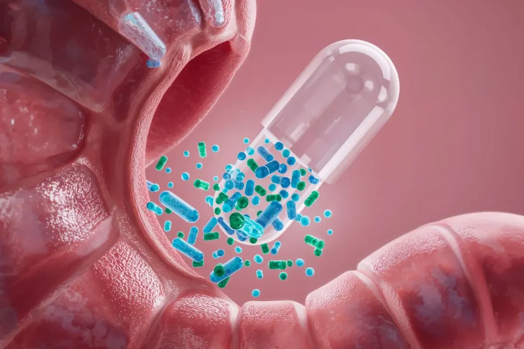 Micro-organismes bleus et verts sortant d’une capsule dans l’intestin, image illustrant les effets des probiotiques