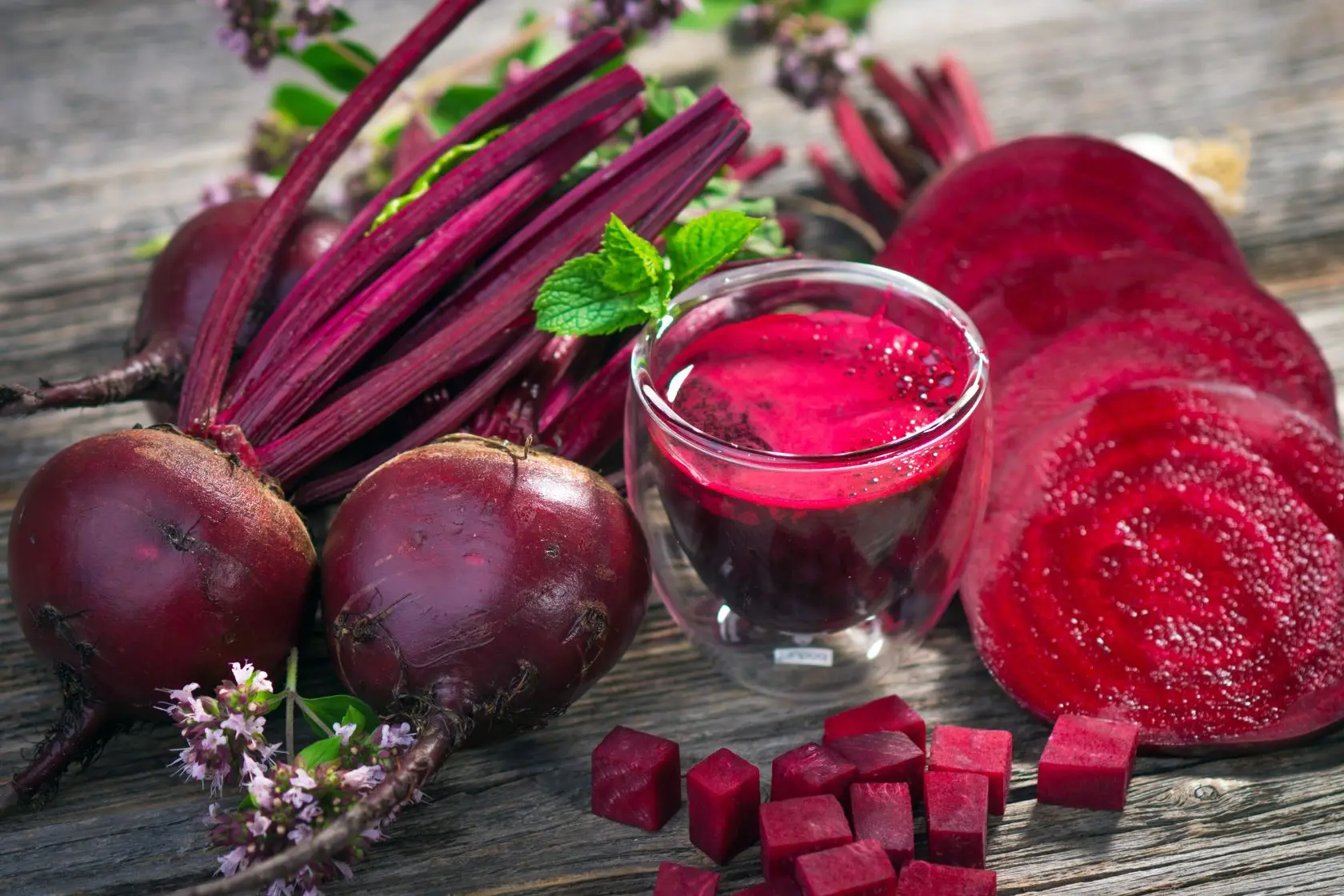 Verre de jus de betterave magenta entouré de racines fraîches, image d’une boisson naturelle et tonique
