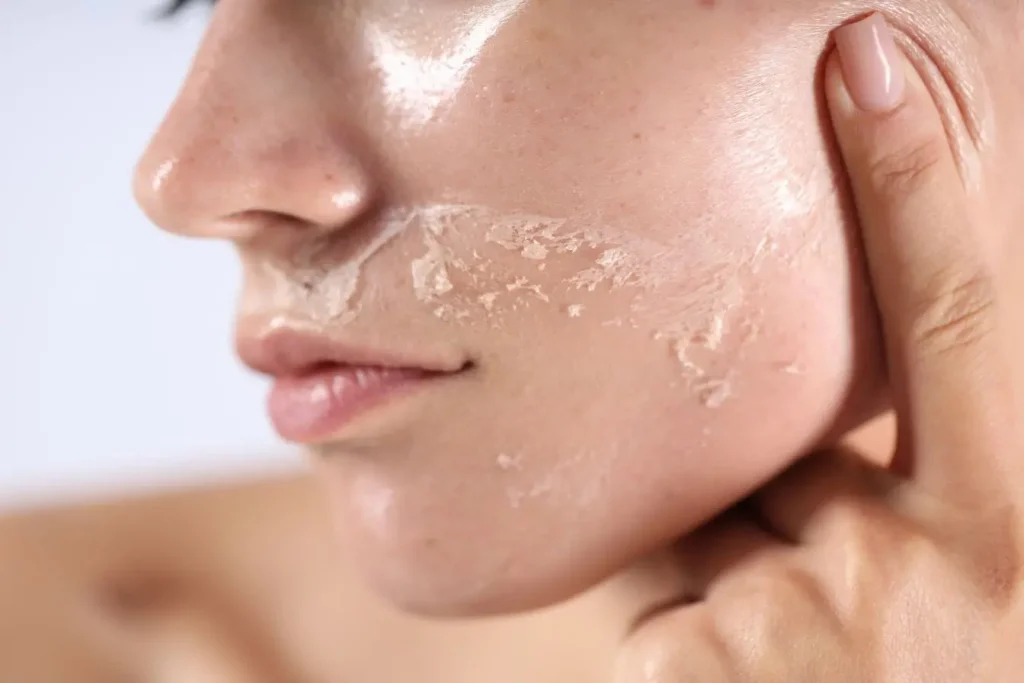 Main retirant un masque pelé sur joue brillante, reflétant la peau sèche et le rituel de soin pour l’hydratation