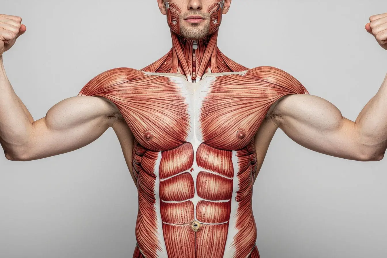 Athlète peint en anatomie musculaire fléchissant les bras, image illustrant rebond glucidique et recharge énergétique pour optimiser croissance musculair