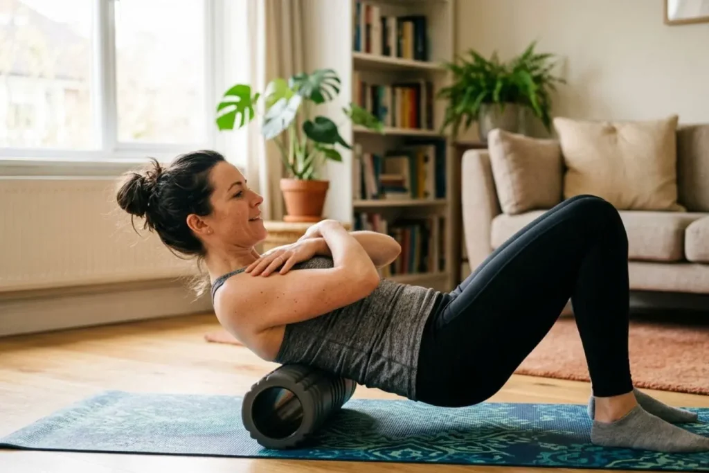 Personne allongée sur tapis utilisant foam roller sous le haut du dos, image illustrant les bienfaits de l’auto-massage pour récupération musculaire.