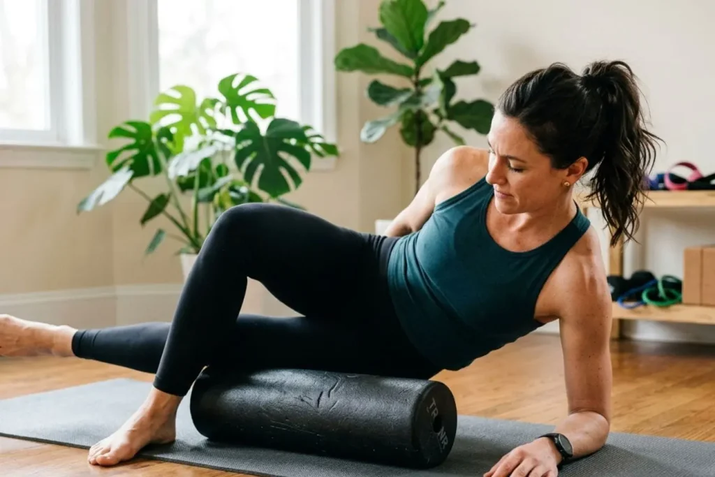 Auto-massage avec foam roller noir sur cuisse, illustration des bienfaits pour mobilité et performance.
