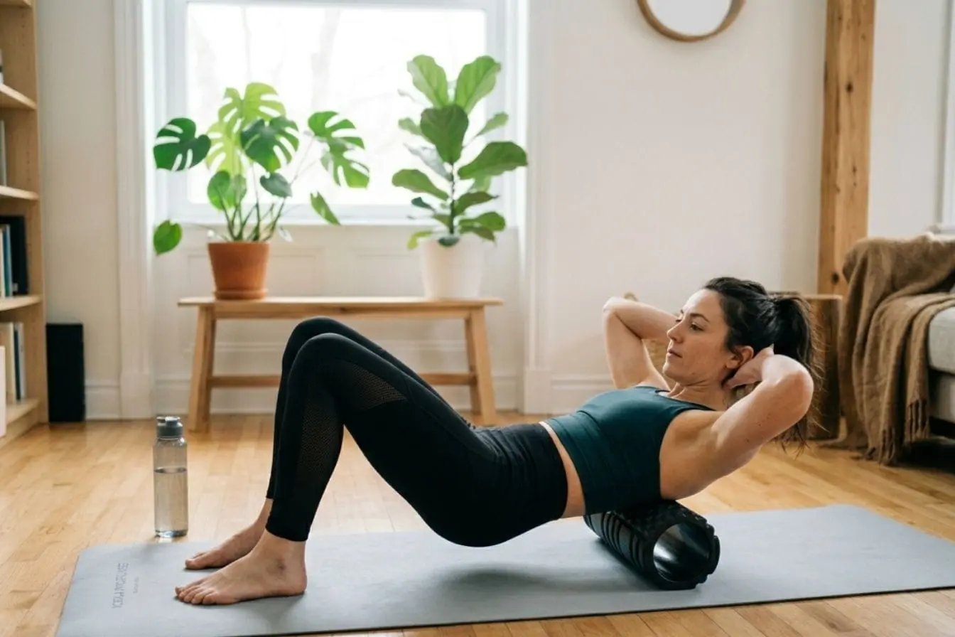 Personne allongée sur tapis utilisant foam roller sous le dos, image illustrant les bienfaits de l’auto-massage pour récupération musculaire.
