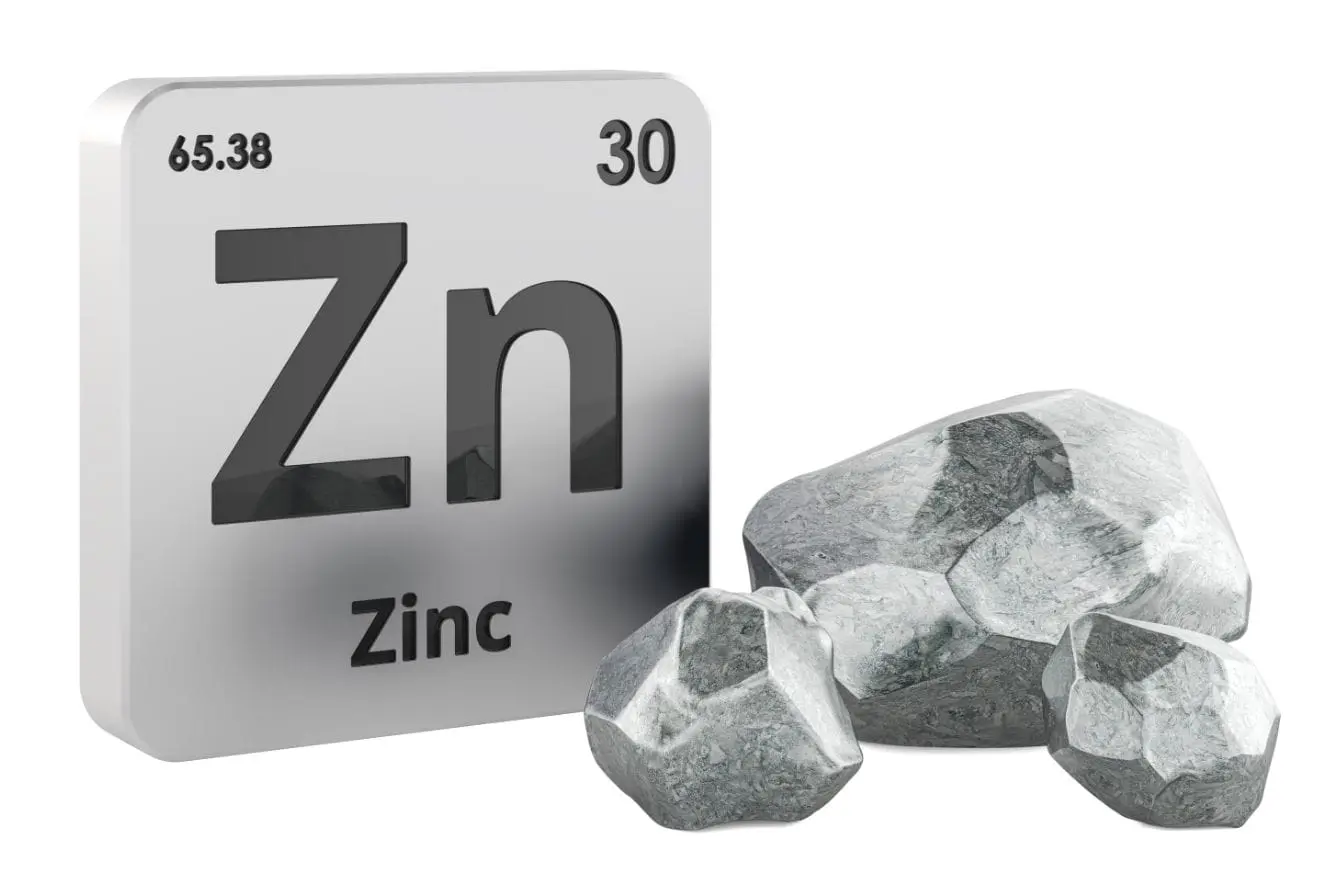 Symbole chimique du zinc avec morceaux métalliques, image illustrant le rôle du picolinate de zinc comme complément essentiel pour la santé et l’immunité