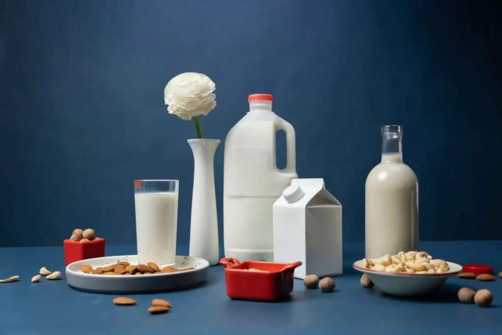 Un verre de lait végétal blanc à côté d'amandes éparpillées