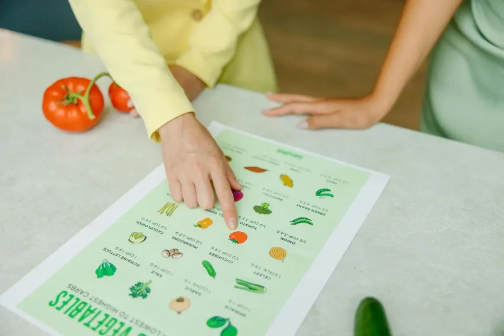 Deux personnes devant tableau éducatif des légumes, image illustrant les choix adaptés au régime low FODMAP.