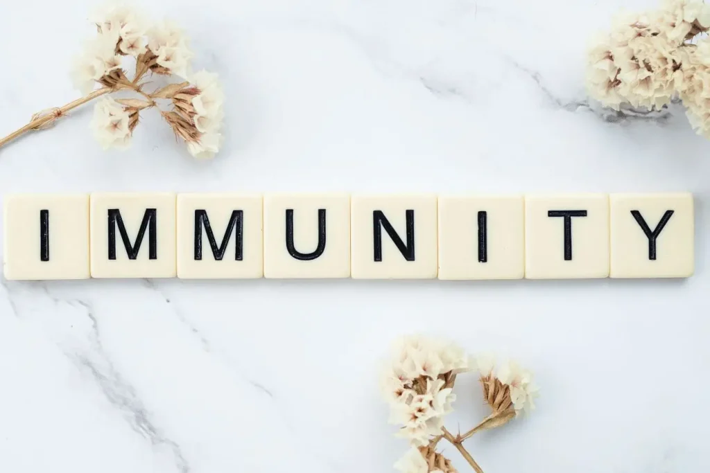 Mot Immunity formé de lettres sur marbre blanc, décor minimaliste qui illustre le rôle du microbiote intestinal dans la défense immunitaire.