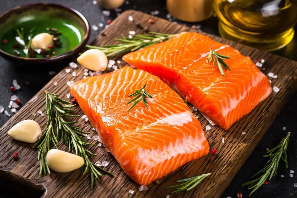 Deux filets de saumon frais sur planche en bois entourés d’herbes et d’huile, image qui illustre le rôle d’une alimentation saine dans la longévité.