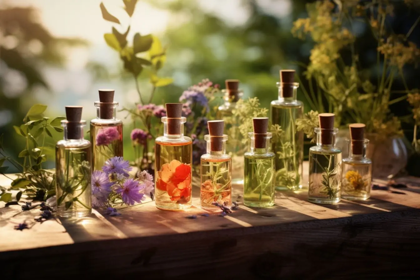 infusions végétales Bouteilles en verre remplies d’infusions végétales posées sur bois, image qui illustre l’aromathérapie pour débutant et les bienfaits des huiles essentielles