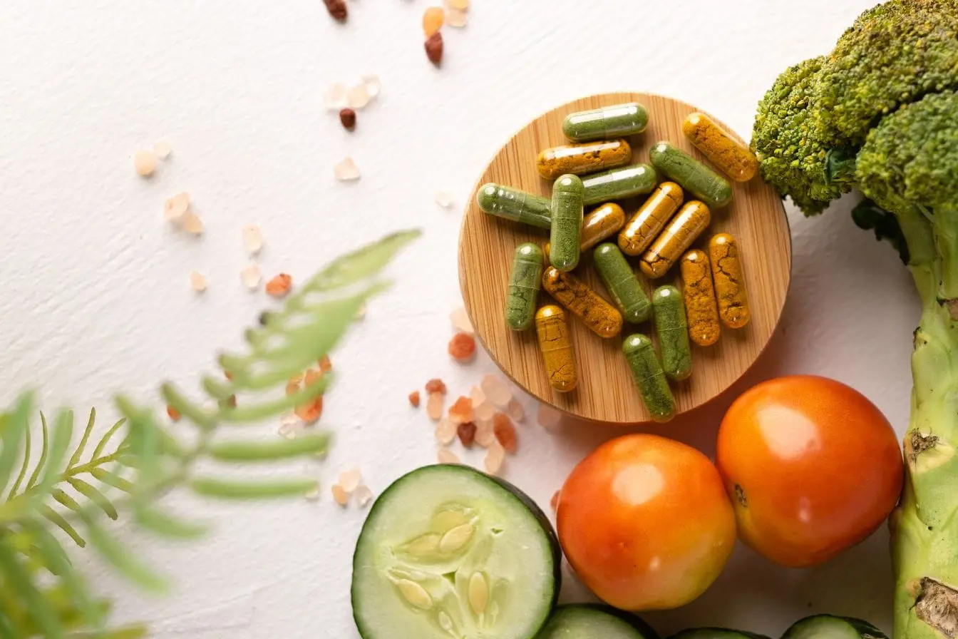 régime anti-candidose Assiette en bois remplie de gélules vertes et jaunes entourée de légumes frais, image qui illustre un régime anti-candidose naturel et équilibré.