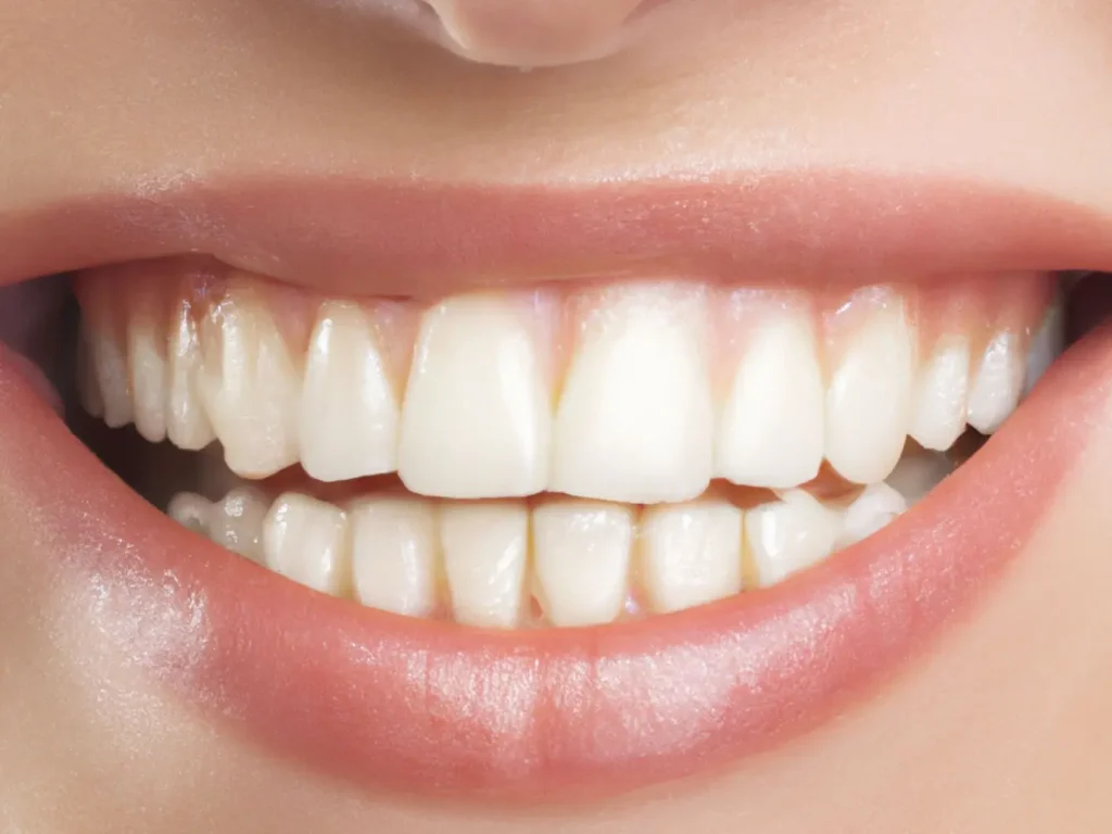 Gros plan sur bouche montrant dents blanches et gencives saines, image qui illustre le bruxisme nocturne et les causes du grincement de dents la nuit.